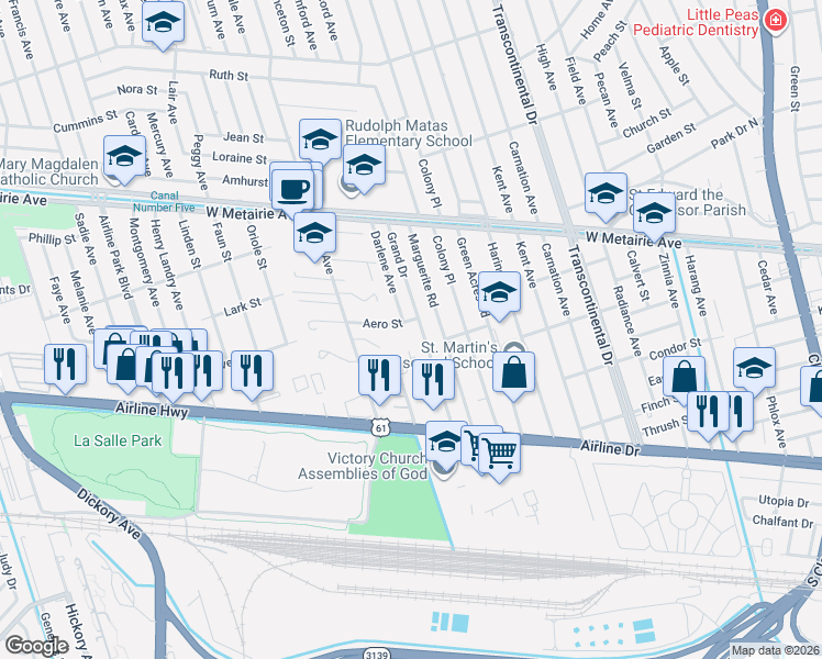 map of restaurants, bars, coffee shops, grocery stores, and more near 601 Darlene Avenue in Metairie