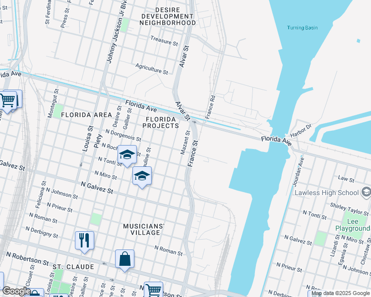 map of restaurants, bars, coffee shops, grocery stores, and more near 2511 Mazant Street in New Orleans