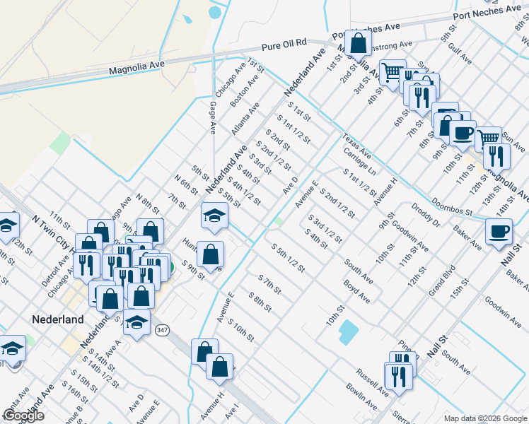 map of restaurants, bars, coffee shops, grocery stores, and more near 411 1/2 South 4th Street in Nederland