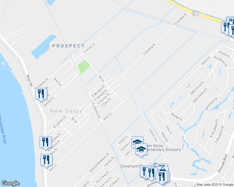 map of restaurants, bars, coffee shops, grocery stores, and more near 900 East Easy Street in Destrehan