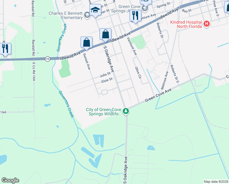 map of restaurants, bars, coffee shops, grocery stores, and more near 611 South Oakridge Avenue in Green Cove Springs
