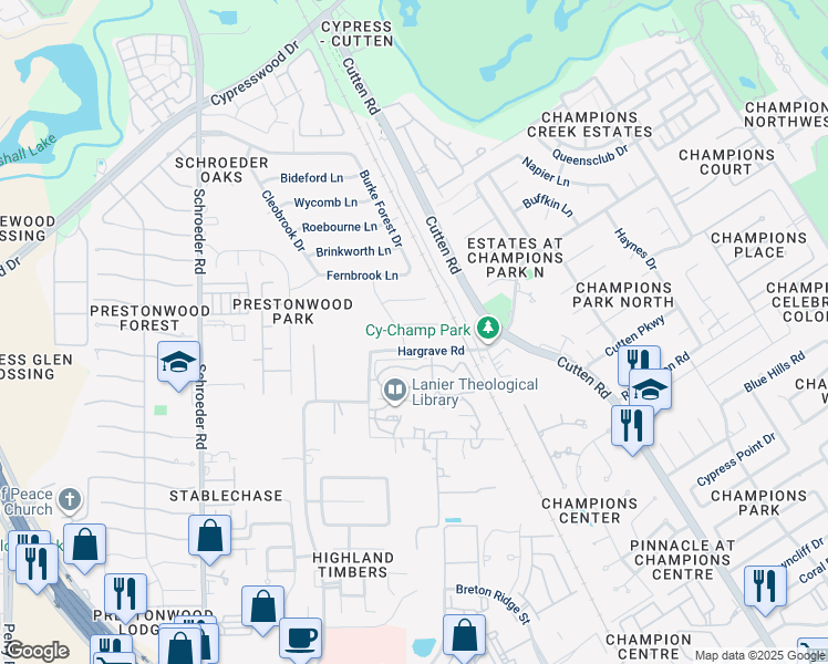 map of restaurants, bars, coffee shops, grocery stores, and more near 7510 Bairnsdale Lane in Houston
