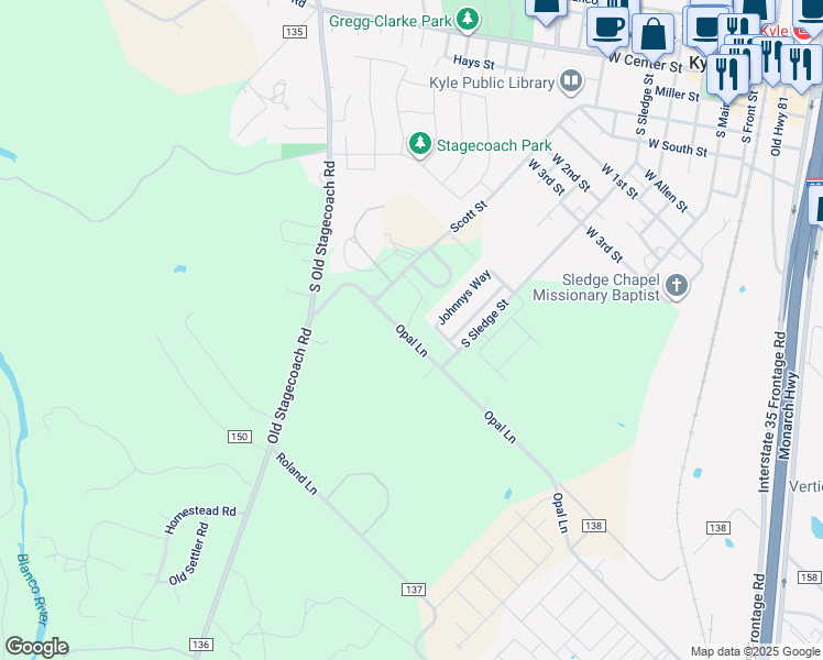 map of restaurants, bars, coffee shops, grocery stores, and more near 740 Opal Lane in Kyle
