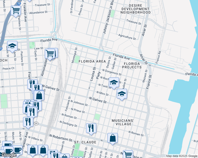 map of restaurants, bars, coffee shops, grocery stores, and more near 2401 Piety Street in New Orleans