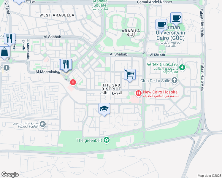 map of restaurants, bars, coffee shops, grocery stores, and more near in New Cairo 3