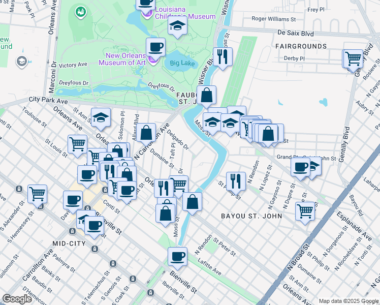 map of restaurants, bars, coffee shops, grocery stores, and more near 1018 Wilson Drive in New Orleans