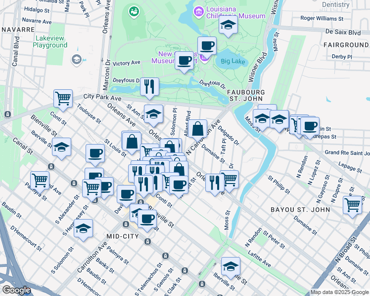 map of restaurants, bars, coffee shops, grocery stores, and more near 835 North Carrollton Avenue in New Orleans