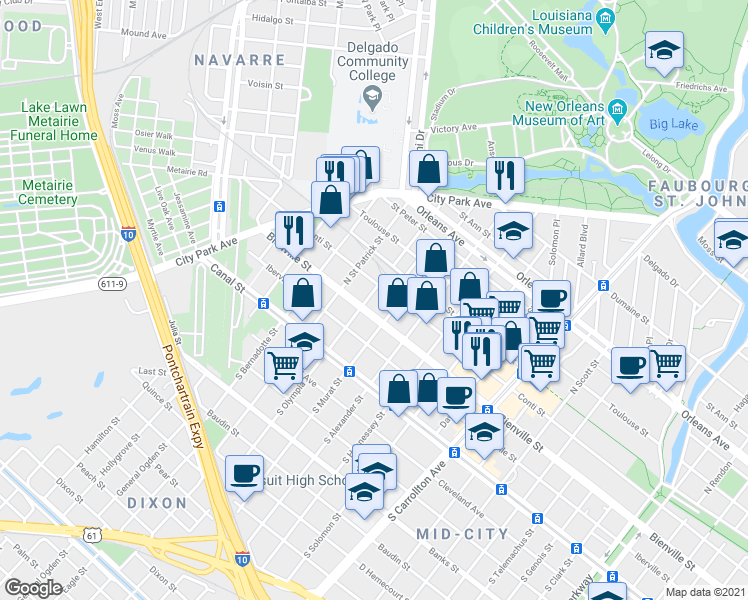 map of restaurants, bars, coffee shops, grocery stores, and more near 340 North Olympia Street in New Orleans