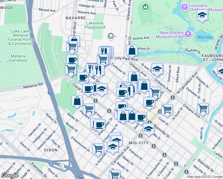 map of restaurants, bars, coffee shops, grocery stores, and more near 300 North Saint Patrick Street in New Orleans