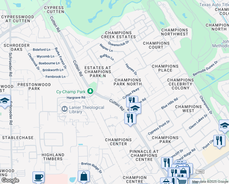 map of restaurants, bars, coffee shops, grocery stores, and more near 7019 Amber Court in Houston