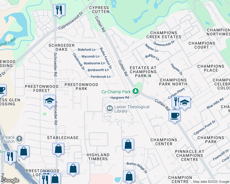 map of restaurants, bars, coffee shops, grocery stores, and more near 7510 Bairnsdale Lane in Houston
