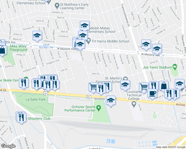 map of restaurants, bars, coffee shops, grocery stores, and more near 5814 Aero Street in Metairie