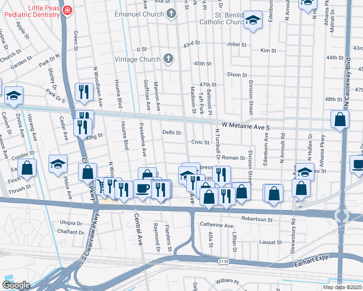 map of restaurants, bars, coffee shops, grocery stores, and more near 3915 Civic Street in Metairie