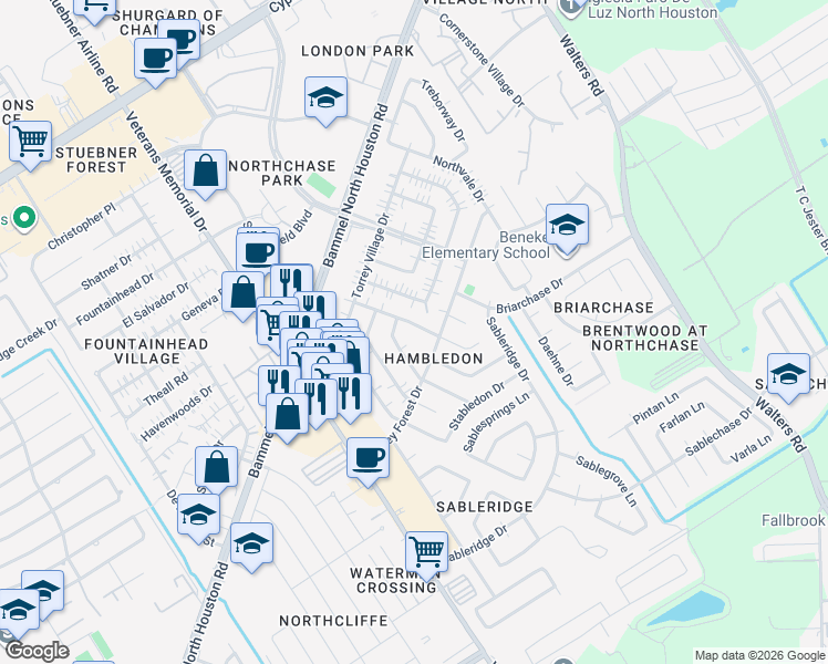 map of restaurants, bars, coffee shops, grocery stores, and more near 4222 Tasselwood Lane in Houston