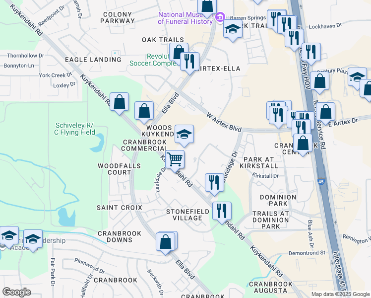 map of restaurants, bars, coffee shops, grocery stores, and more near 2200 Wittershaw Drive in Houston