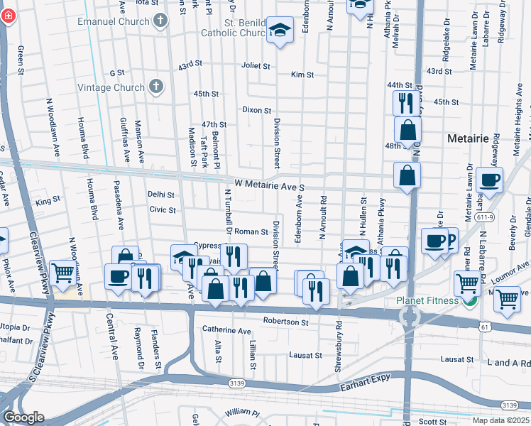 map of restaurants, bars, coffee shops, grocery stores, and more near 701 Waltham Street in Metairie