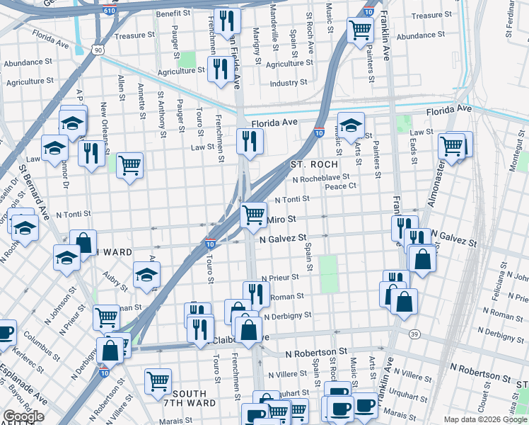 map of restaurants, bars, coffee shops, grocery stores, and more near 2236 Marigny Street in New Orleans