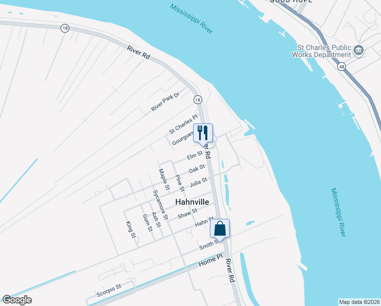 map of restaurants, bars, coffee shops, grocery stores, and more near 144 Elm Street in Hahnville