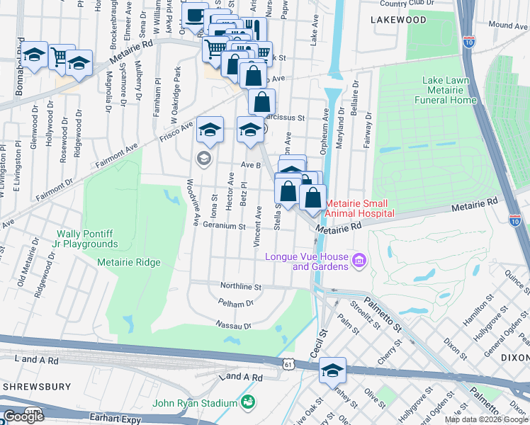 map of restaurants, bars, coffee shops, grocery stores, and more near 215 Vincent Avenue in Metairie
