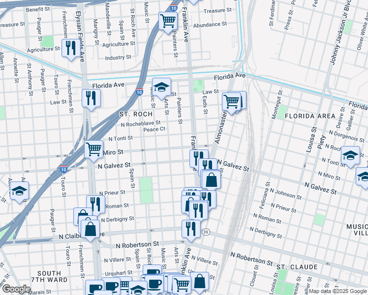 map of restaurants, bars, coffee shops, grocery stores, and more near 2545 North Miro Street in New Orleans