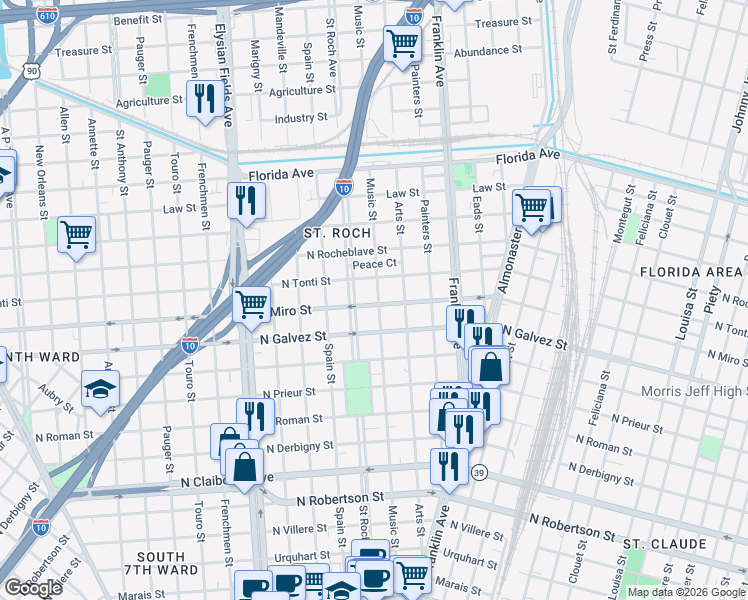 map of restaurants, bars, coffee shops, grocery stores, and more near 2219 Saint Roch Avenue in New Orleans