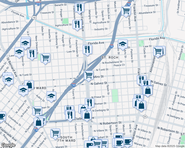 map of restaurants, bars, coffee shops, grocery stores, and more near 2236 Marigny Street in New Orleans