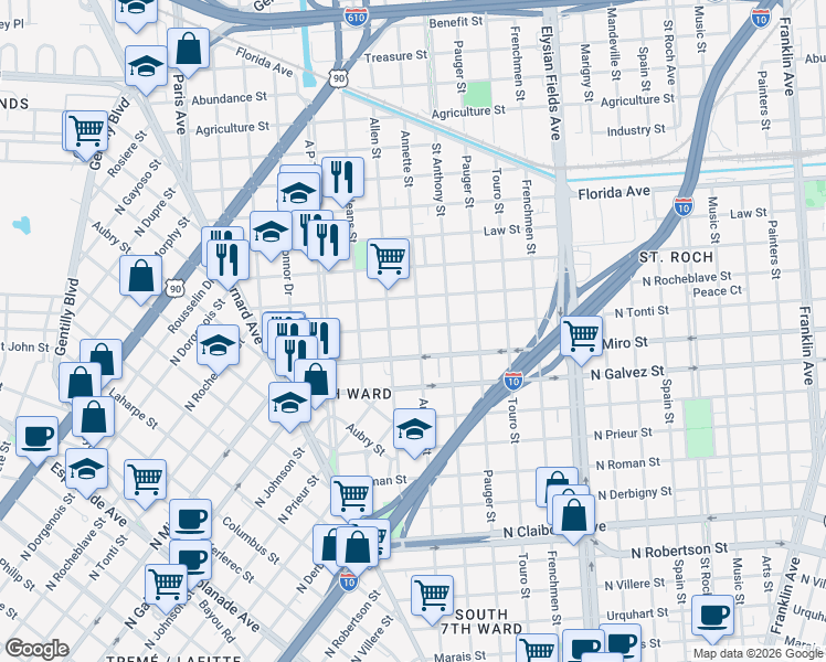 map of restaurants, bars, coffee shops, grocery stores, and more near 1949 North Tonti Street in New Orleans