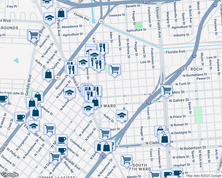 map of restaurants, bars, coffee shops, grocery stores, and more near 2309 New Orleans Street in New Orleans