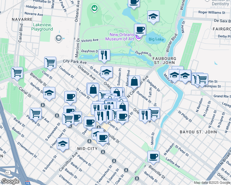 map of restaurants, bars, coffee shops, grocery stores, and more near 804 Solomon Place in New Orleans