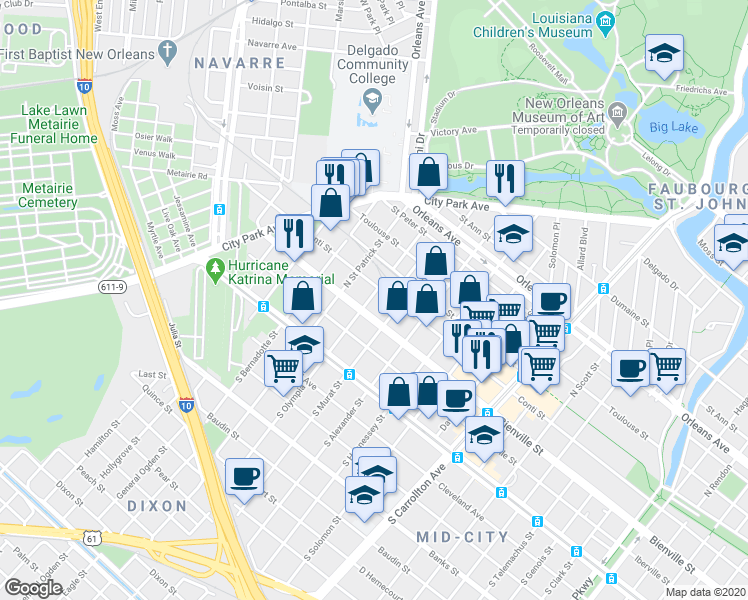 map of restaurants, bars, coffee shops, grocery stores, and more near 340 North Olympia Street in New Orleans