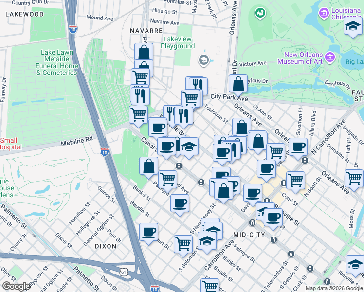 map of restaurants, bars, coffee shops, grocery stores, and more near 218 North Bernadotte Street in New Orleans