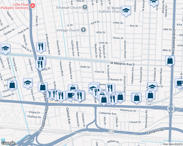 map of restaurants, bars, coffee shops, grocery stores, and more near 3915 Civic Street in Metairie