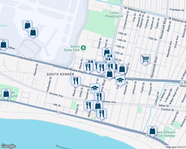 map of restaurants, bars, coffee shops, grocery stores, and more near 1818 U.S. 61 in Kenner