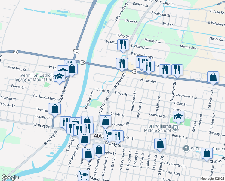 map of restaurants, bars, coffee shops, grocery stores, and more near 700-798 North State Street in Abbeville