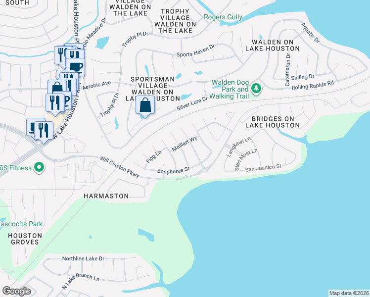 map of restaurants, bars, coffee shops, grocery stores, and more near 18102 Dorman Draw Lane in Houston