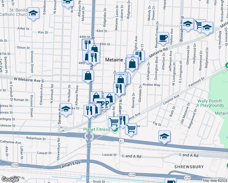 map of restaurants, bars, coffee shops, grocery stores, and more near 136 Metairie Lawn Drive in Metairie