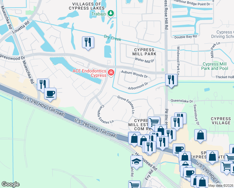 map of restaurants, bars, coffee shops, grocery stores, and more near 14522 Grove Estates Lane in Cypress