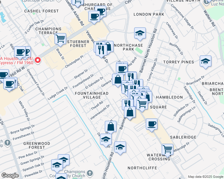 map of restaurants, bars, coffee shops, grocery stores, and more near 13331 Veterans Memorial Drive in Houston