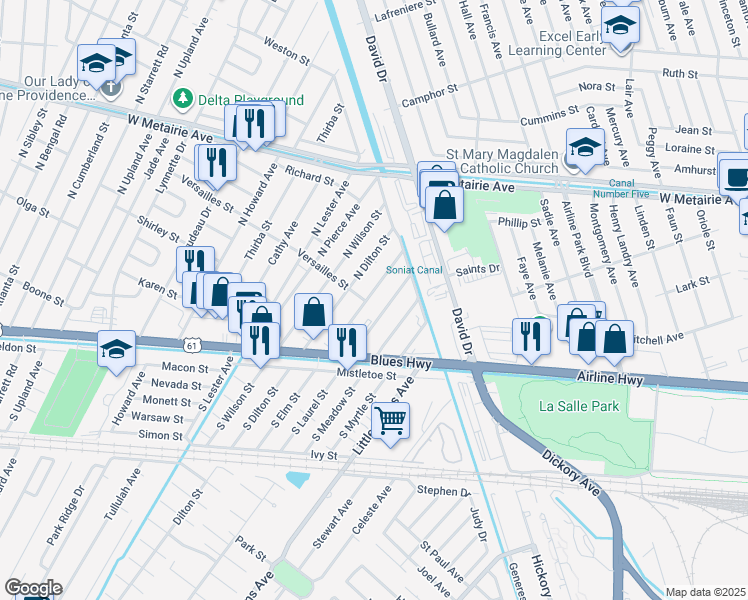 map of restaurants, bars, coffee shops, grocery stores, and more near 400 North Laurel Street in Metairie