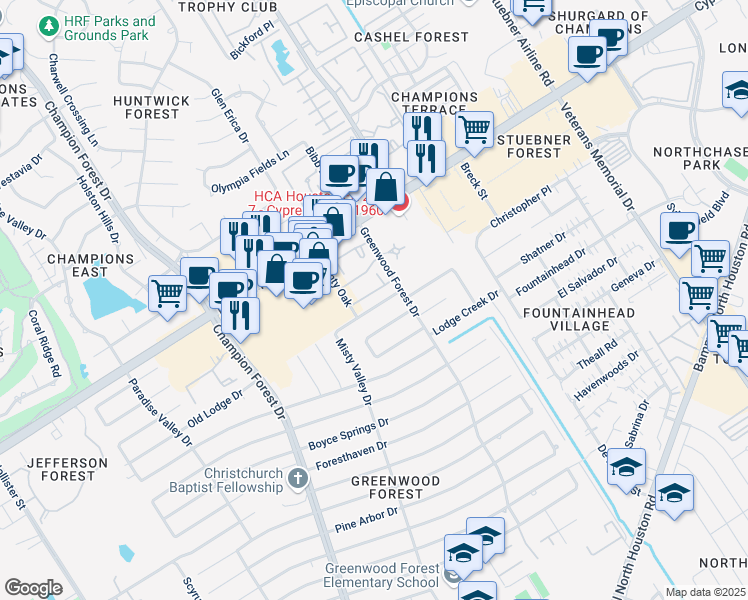 map of restaurants, bars, coffee shops, grocery stores, and more near 5318 Old Lodge Drive in Houston