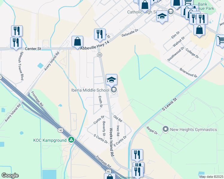 map of restaurants, bars, coffee shops, grocery stores, and more near 613 Weeks Island Road in New Iberia