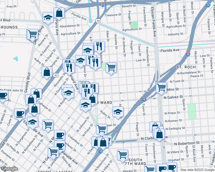 map of restaurants, bars, coffee shops, grocery stores, and more near 2309 New Orleans Street in New Orleans