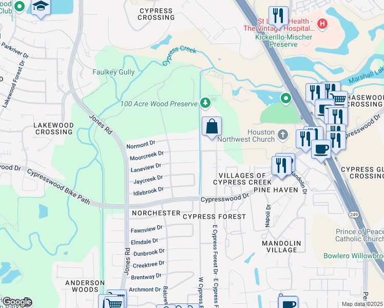 map of restaurants, bars, coffee shops, grocery stores, and more near 10511 Moorcreek Drive in Houston