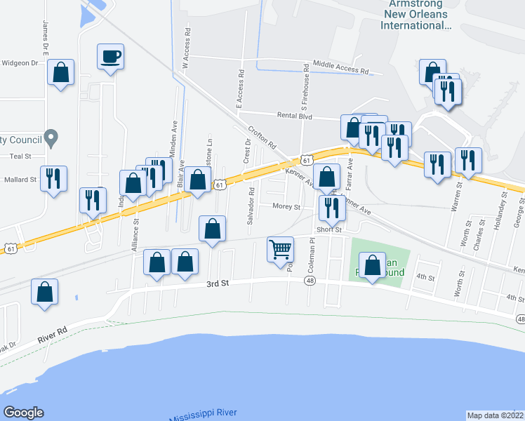 map of restaurants, bars, coffee shops, grocery stores, and more near 528 Centanni Road in Kenner