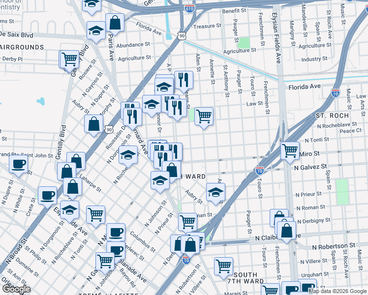 map of restaurants, bars, coffee shops, grocery stores, and more near 2309 New Orleans Street in New Orleans