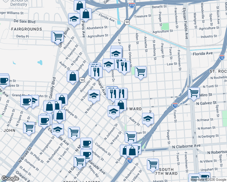 map of restaurants, bars, coffee shops, grocery stores, and more near 2318 George Nick Connor Drive in New Orleans