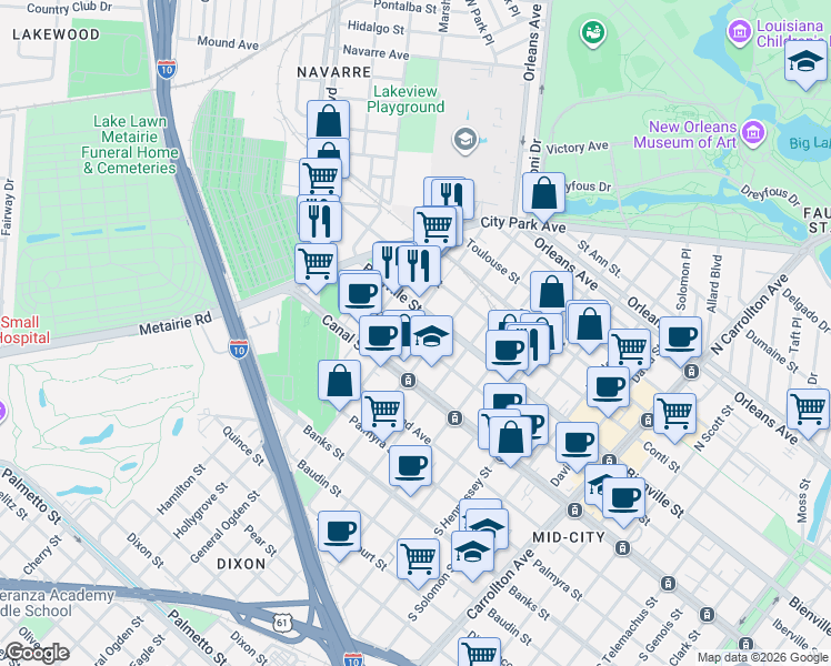 map of restaurants, bars, coffee shops, grocery stores, and more near 218 North Bernadotte Street in New Orleans