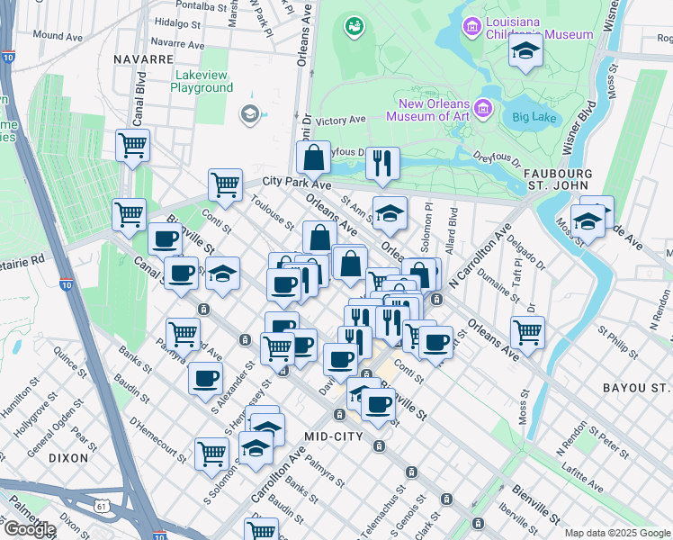 map of restaurants, bars, coffee shops, grocery stores, and more near 528 North Alexander Street in New Orleans