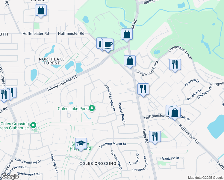 map of restaurants, bars, coffee shops, grocery stores, and more near 14126 Ashland Landing Drive in Cypress