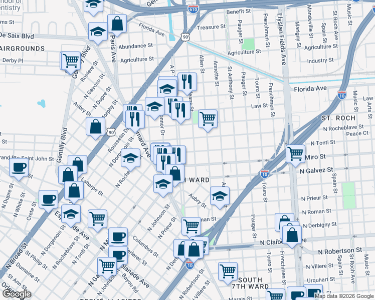 map of restaurants, bars, coffee shops, grocery stores, and more near 2309 New Orleans Street in New Orleans